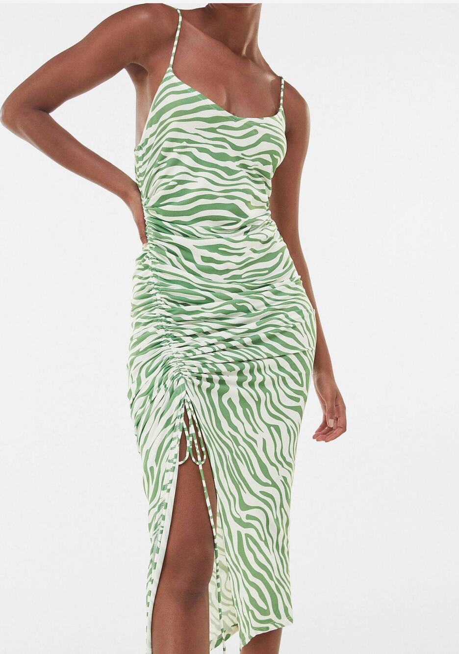 Bershka Zebra Striped Drawstring Ruched Midi Dress Size M Medium NWT